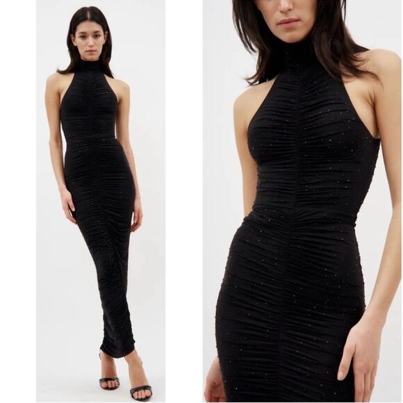 Alex Perry Gabe Crystal Stretch Turtleneck Ruched Column Black Maxi Dress Size 2 - Picture 1 of 12